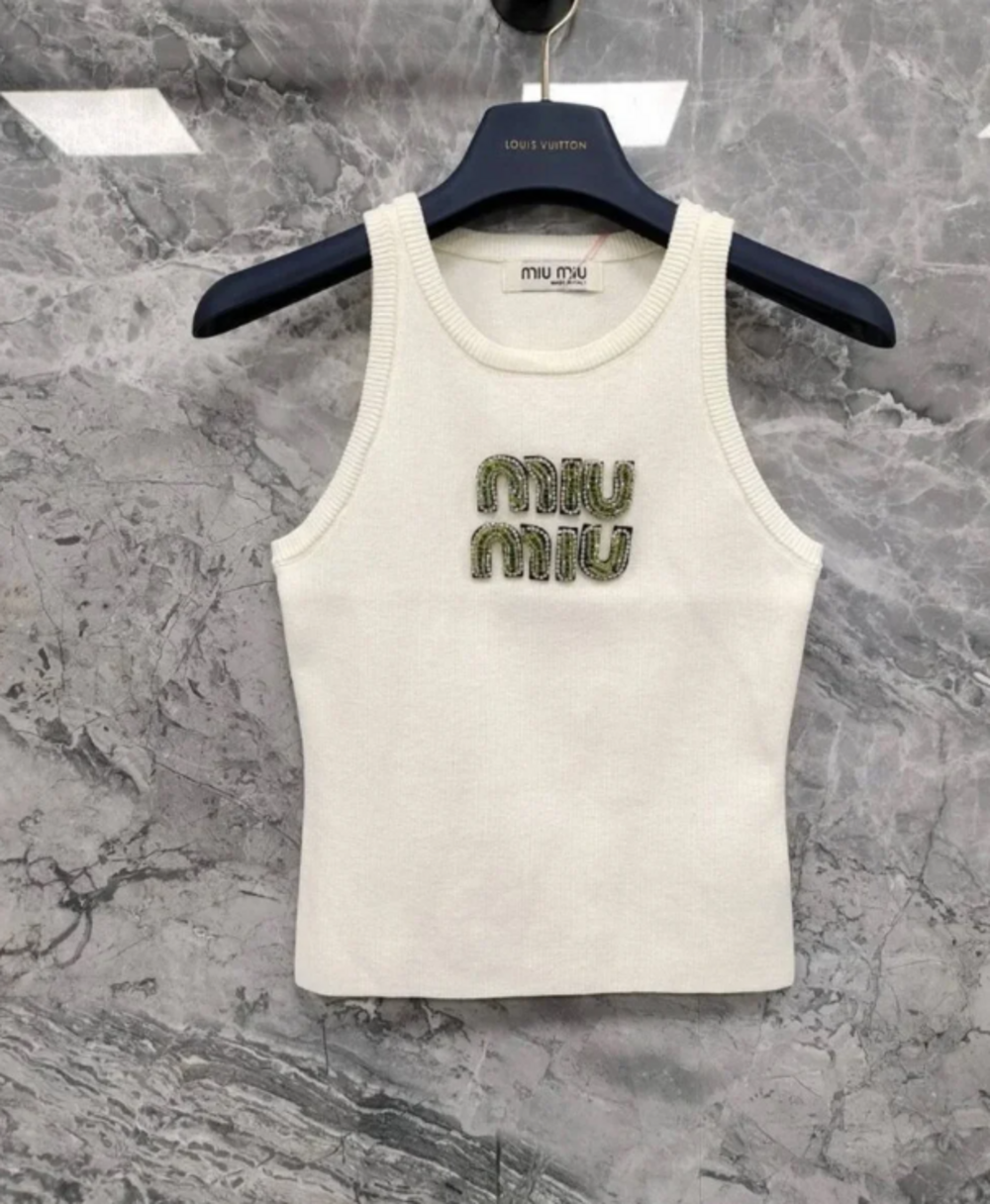 🌈Miu Miu🌈Cream Knit Tank with Green Beaded Logo
